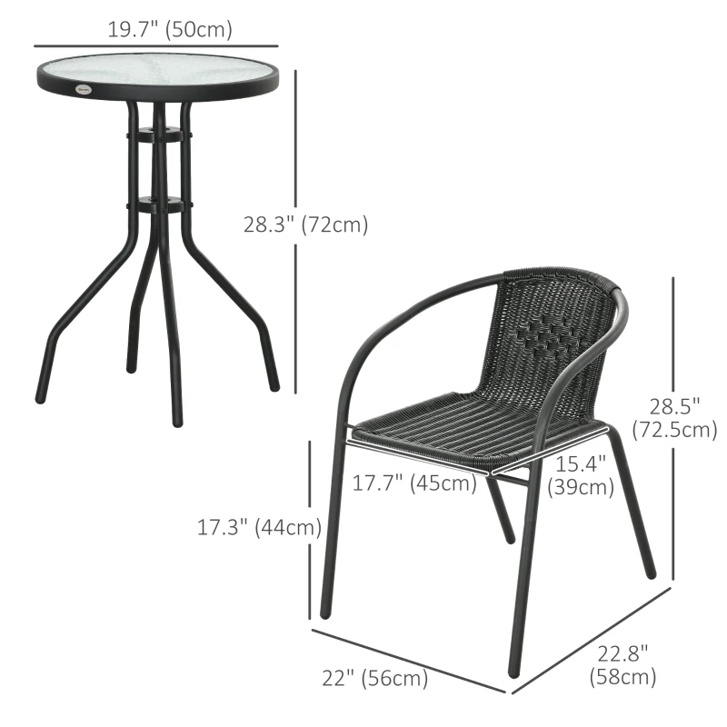 Outsunny 3 Pieces Outdoor Wicker Furniture Set with 2 Stackable Chairs, Tempered Glass Coffee Table for Garden, Backyard, Black