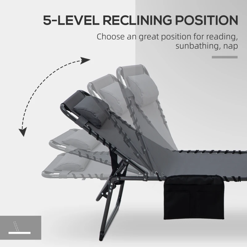 Outsunny 2 Piece Folding Chaise Lounge Pool Chairs with 5-level Reclining Back, Reading Hole, Side Pocket, Gray