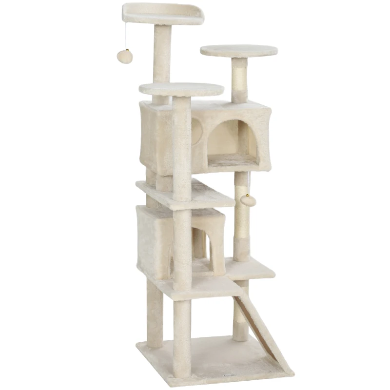 PawHut 54" Cat Tree, Multi-Level Cat Tower with Scratching Posts, Cat Condos, Bed, Platforms, Ramp, Toy Ball, Beige