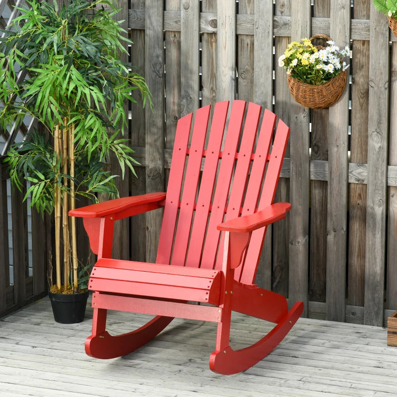 Outsunny Wooden Adirondack Rocking Chair Outdoor Lounge Chair Fire Pit Seating with Slatted Wooden Design, Fanned Back, Red