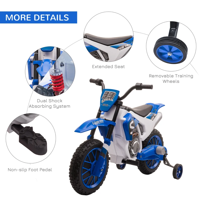 Aosom 12V Kids Motorcycle w/Treaded Tires, 5mph Top Speed Electric Bike for Kids, Ride On Motorcycle w/Training Wheels, Battery Charger, Spring Suspension, Blue(m-6)
