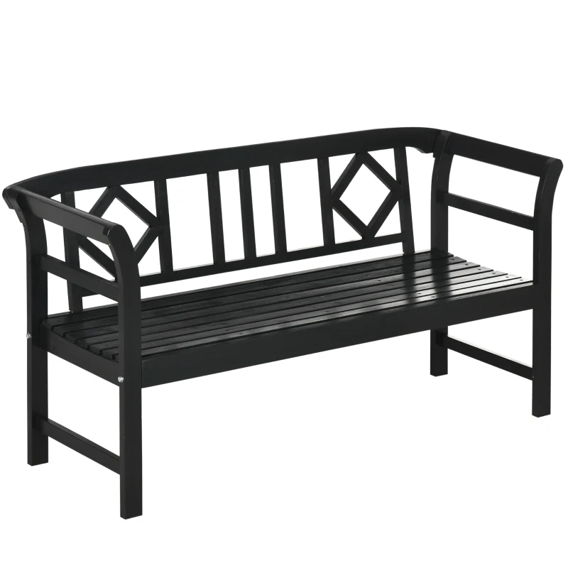 Outsunny Wooden Patio Bench, Outdoor Garden Bench with Backrest and Armrests, 3 Person Porch Bench with Rustic Country Diamond Pattern, Black