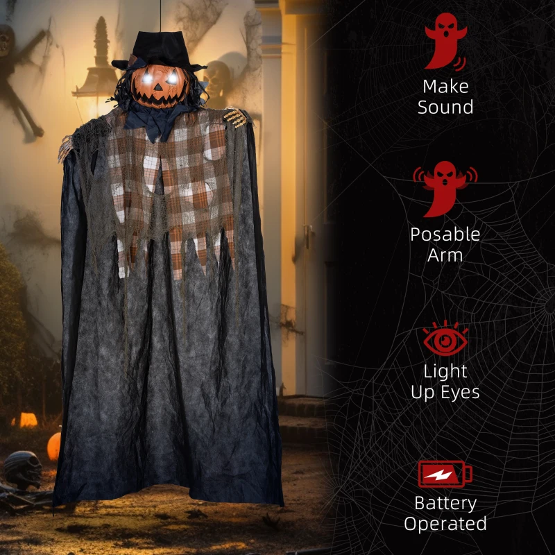 HOMCOM 6' Life Size Outdoor Halloween Hanging Pumpkin Ghost w/ Light Up Eyes, Sound Activated Prop w/ Creepy Speaking Sounds