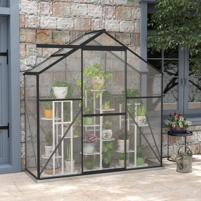 Outsunny 6' x 2.5' Walk-in Polycarbonate Greenhouse Aluminium Green House with Sliding Door, 5-Level Roof Vent, Rain Gutter