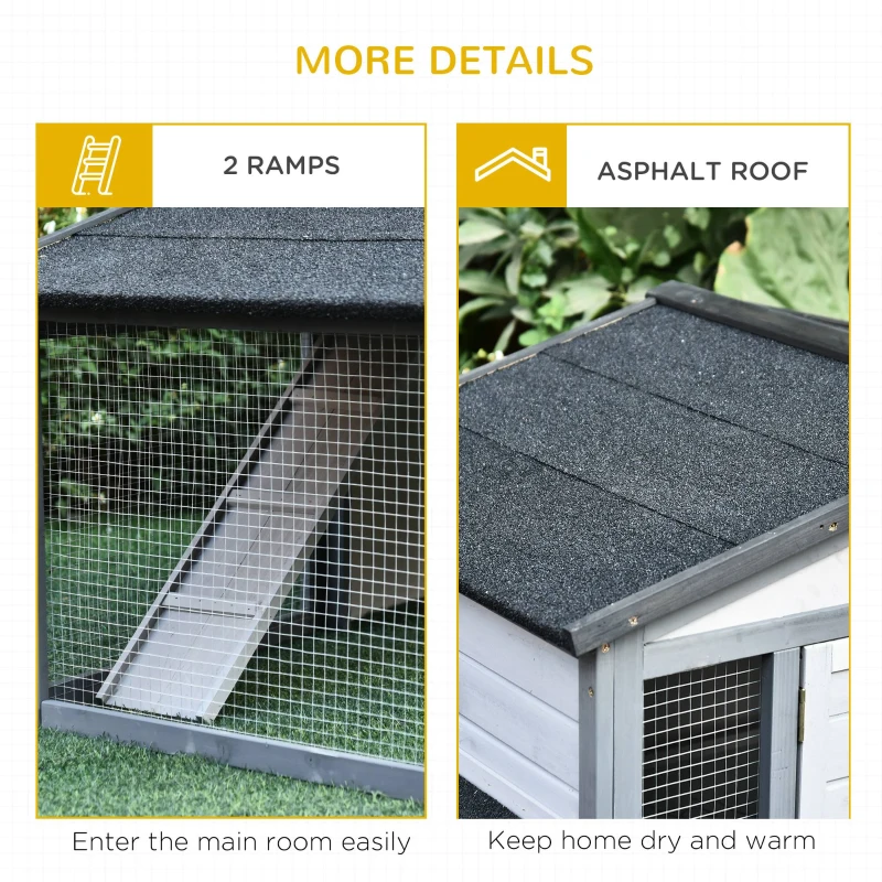 PawHut 89"L Outdoor Rabbit Hutch, Guinea Pig Cage Indoor Outdoor Wooden Bunny Hutch with Double Runs, Weatherproof Roof, Removable Tray, Ramps, Gray