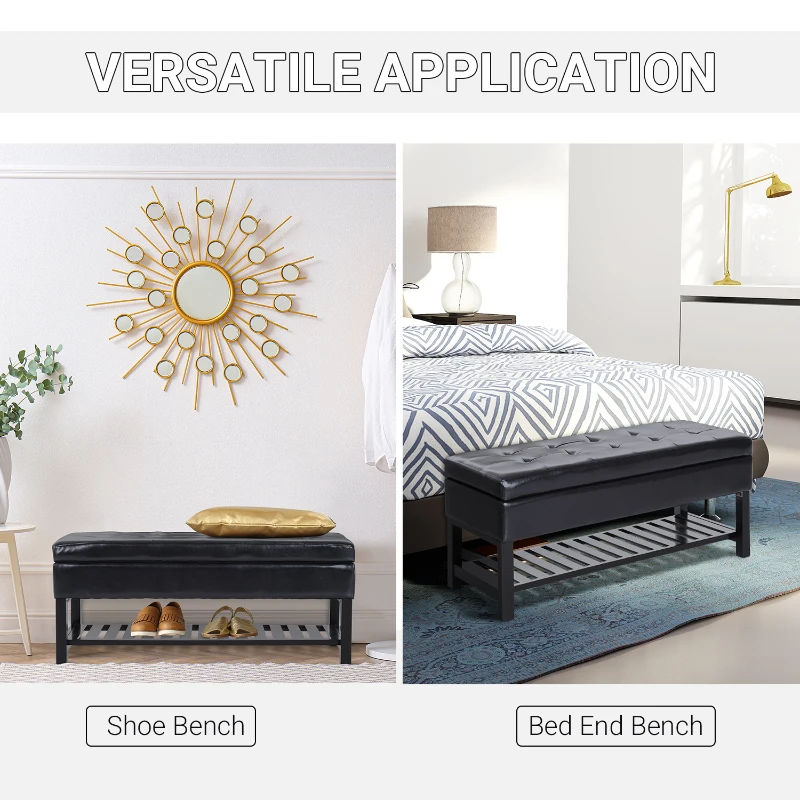 HomCom 44" Tufted Faux Leather Ottoman Storage Bench With Shoe Rack - Black