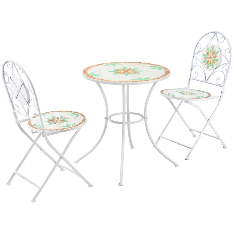 Outsunny 3 Piece Patio Bistro Set, Floral Mosaic Pattern, Metal Folding Chairs, Foldable Outdoor Dining Table for Coffee, Decor, Garden, Poolside, Porch, White