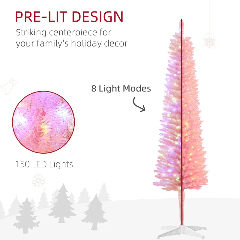 HOMCOM 5' Prelit Christmas Tree, Pencil Artificial Christmas Tree with Colorful Surface Branches, Colorful LED Lights, Pink