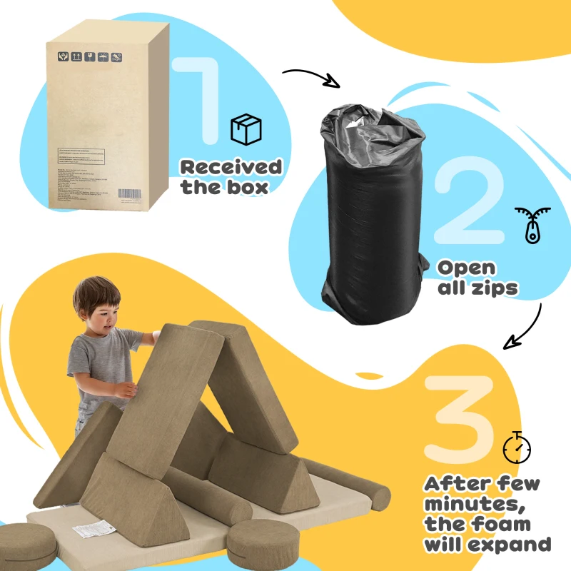 Qaba 12 Pieces Kids Foam Climbing Blocks with Washable Cover for Toddlers, Khaki