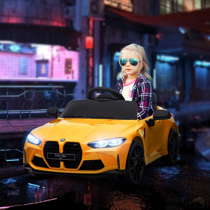 Qaba BMW M4 Licensed 12V Ride on Car, Kids Car w/ Remote Control, Suspension, Handle Attachment, LED Lights, Music, Yellow