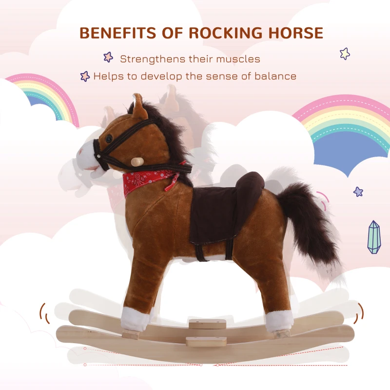 Qaba Kids Plush Rocking Horse Child Ride On Toy Rocker with Realistic Sounds Coffee