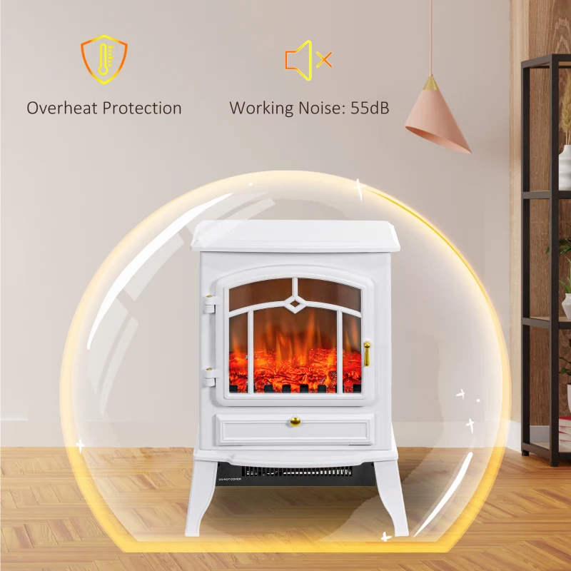 HOMCOM Electric Fireplace Heater Freestanding Fireplace Stove with 3-Side Realistic Flame Overheat Protection 750W/1500W, White