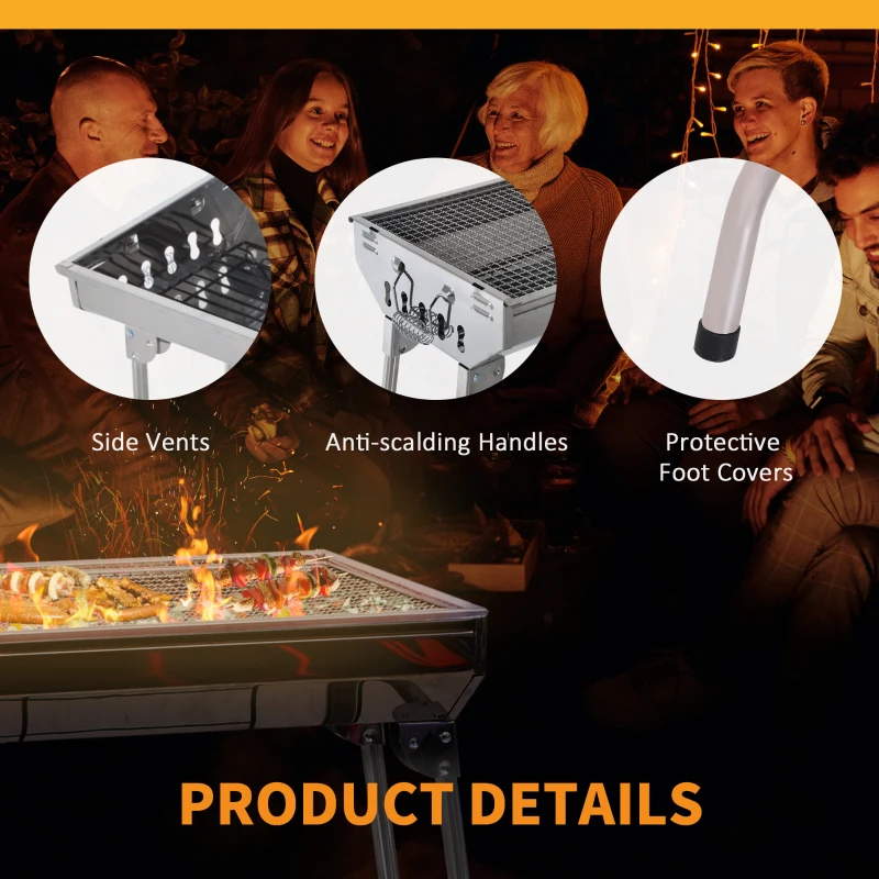 Outsunny 28.75" Portable Folding Stainless Steel Charcoal BBQ Grill for Outdoor Camping Backyard Cook, Silver