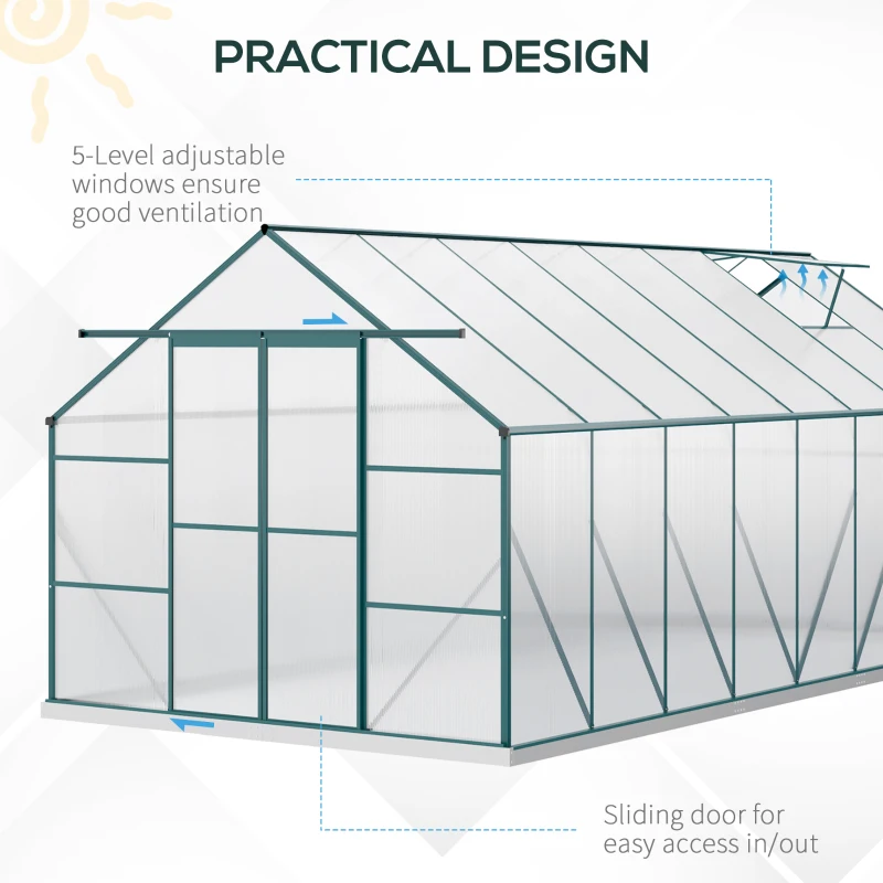 Outsunny 16' x 8' Aluminum Greenhouse Polycarbonate Walk-in Garden Greenhouse Kit with Adjustable Roof Vent, Rain Gutter and Sliding Door for Winter, Clear