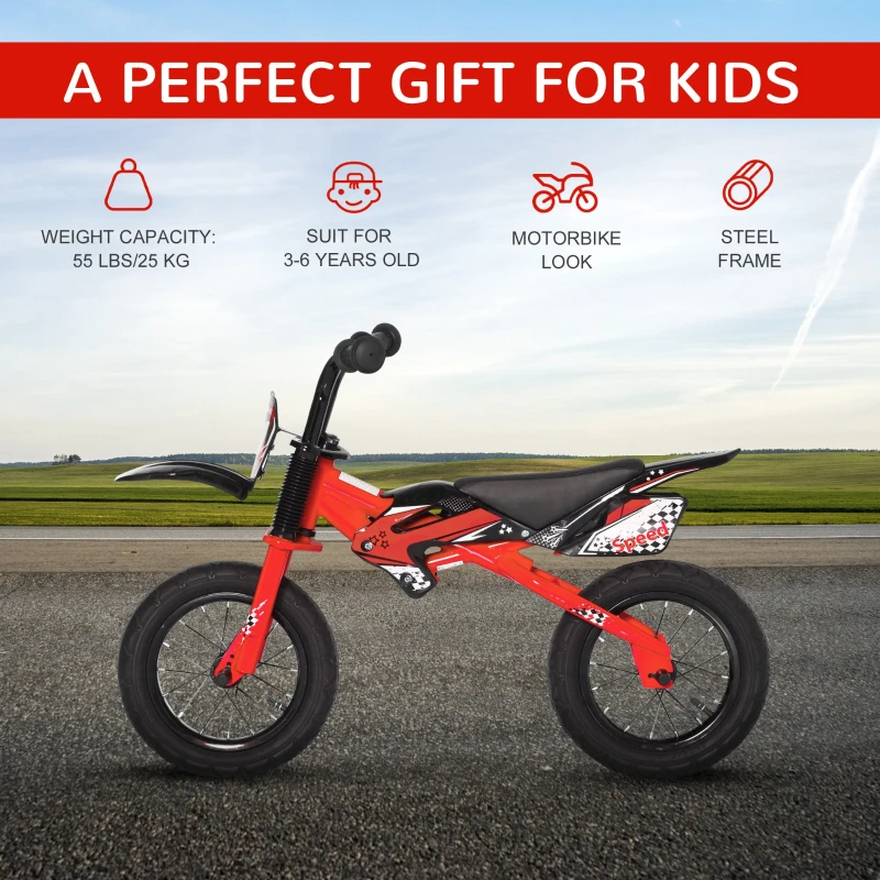 Qaba 12" Kids Balance Bike, No Pedal Training Bicycle, Motorbike Look, Steel Frame, with Air Filled Tires, Handlebar, PU Seat, for 3-6 Years Old, Red