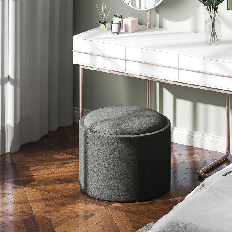 HOMCOM Round Storage Ottoman Coffee Table with Flip Top Tray, Linen Fabric Upholstered Footstool with Hidden Compartment