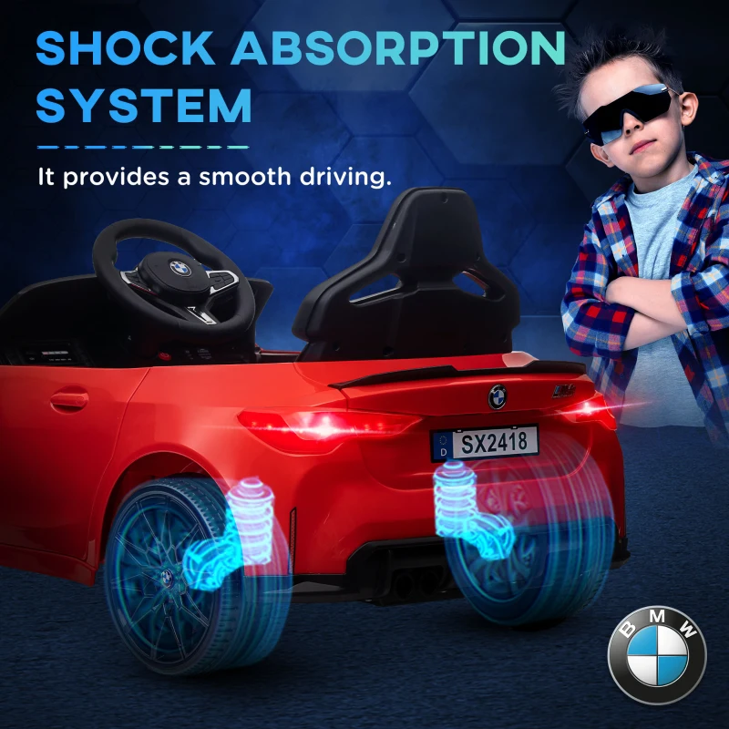 Qaba BMW M4 Licensed 12V Ride on Car, Kids Car w/ Remote Control, Suspension, Handle Attachment, LED Lights, Music, Red