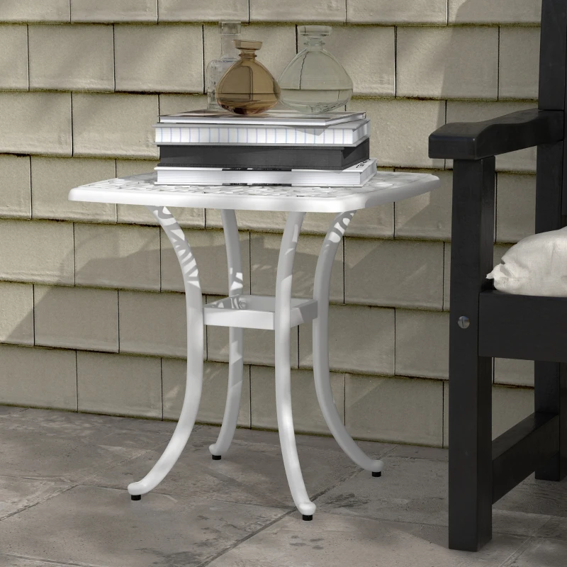 Outsunny 21" Square Outdoor End Table, Cast Aluminum Patio Side Table with Umbrella Hole for Garden, Balcony, Poolside, White