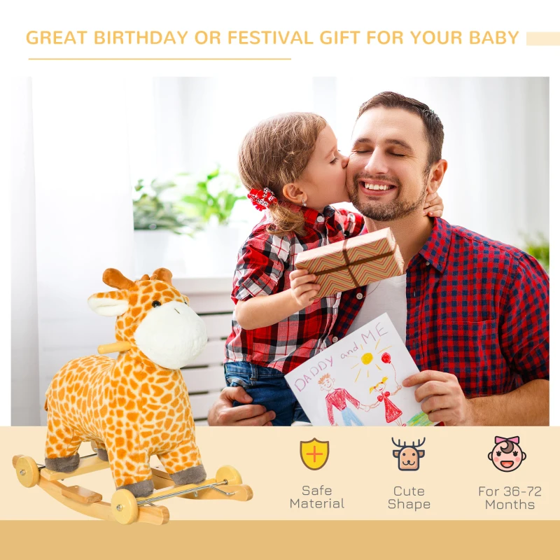 Qaba Rocking Horse, 2 in 1 Kids Ride on Horse, Rolling Giraffe Animal Rocker with Sound, Wooden Base, Pedal, Grip Handle, Plush Riding Pony for 3-6 Years Old, Yellow