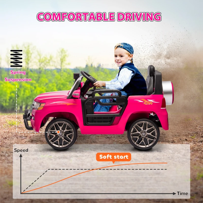 Qaba 12V Toyota LAND CRUISER Licensed Kids Car w Remote Control, Four Wheel Spring Suspension, Soft Start, LED Light, Pink