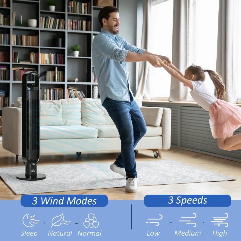 HOMCOM 39 Inch Tower Fan for Bedroom Cooling, 80°Oscillating Fan with 3 Speeds, 12H Timer, Handle and Remote Control, Standing Floor Fan for Home Office, White