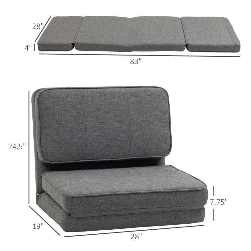 HOMCOM Convertible Flip Chair, Folding Upholstered Floor Sofa, Adjustable Guest Chaise Lounge, Dorm Bed with Metal Frame for Living Room and Bedroom, Dark Gray