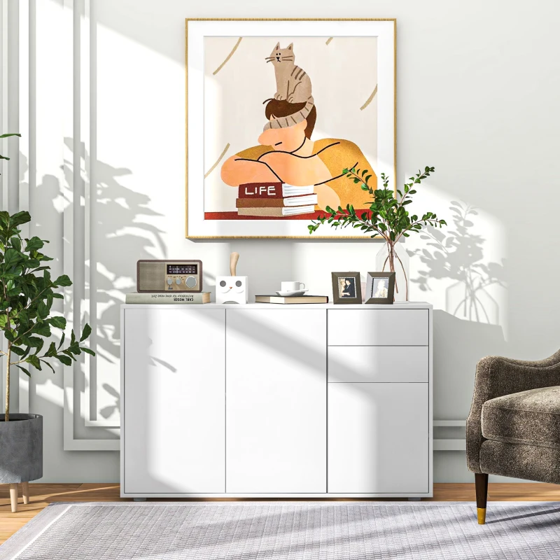 HOMCOM Kitchen Sideboard Storage Cabinet, Modern Coffee Bar with Push-Open Design and 2 Drawers for Living Room, White