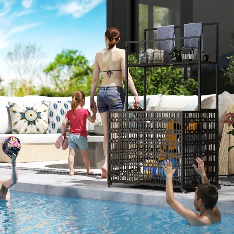 Outsunny Wicker Pool Float Storage Organizer, PE Rattan Pool Float Holder with Basket Shelf Towel Bars, Rolling Pool Caddy for Floaties, Noodles, Life Vests, Beach Balls, Brown