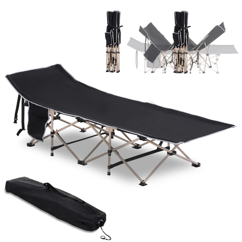 Outsunny Folding Camping Cots for Adults with Carry Bag, Side Pocket, Outdoor Portable Sleeping Bed, 330 lbs. Capacity, Black