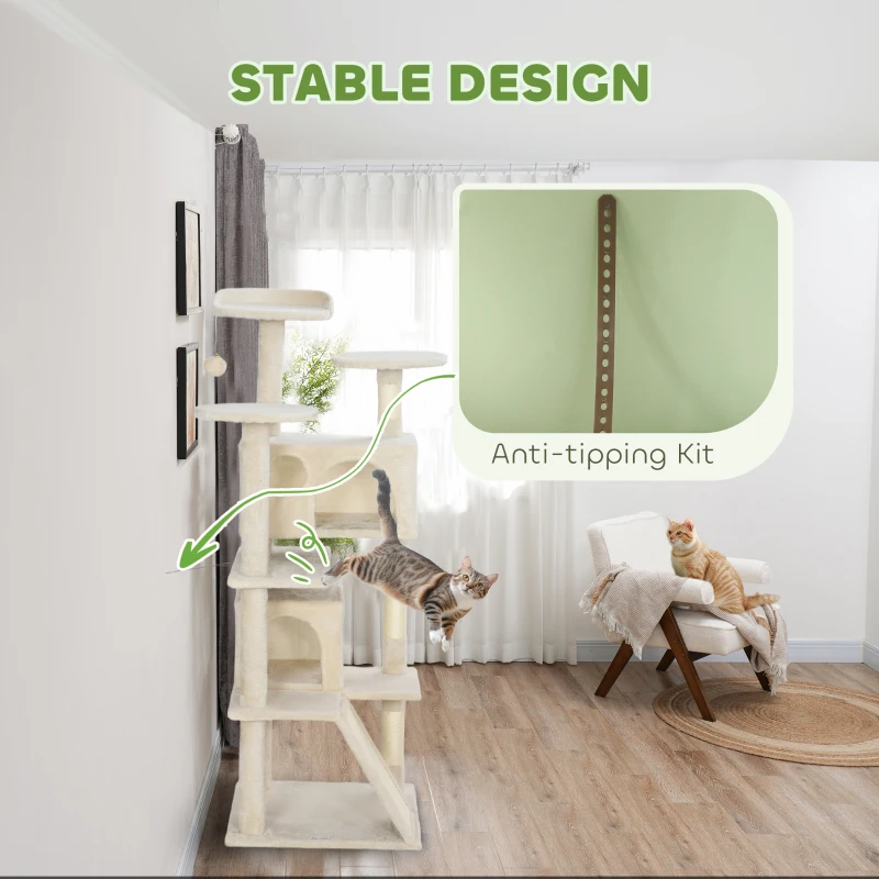 PawHut 54" Cat Tree, Multi-Level Cat Tower with Scratching Posts, Cat Condos, Bed, Platforms, Ramp, Toy Ball, Beige