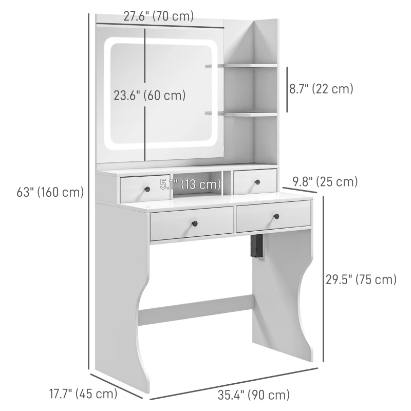 HOMCOM Dressing Table with Lighted Mirror, Vanity Table with Charging Station, USB Ports, Drawers, Storage Shelves, White
