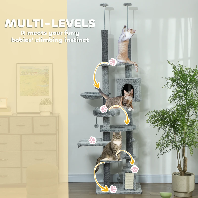 PawHut 89"-100" Floor to Ceiling Cat Tree for Indoor Cats, Activity Center with Cat Perch & Condo, Gray