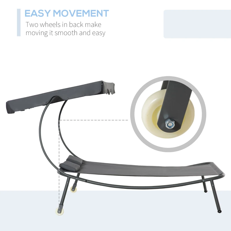 Outsunny Patio Double Chaise Lounge Chair, Outdoor Wheeled Hammock Daybed with Adjustable Canopy and Pillow for Sun Room, Garden, or Poolside, Grey