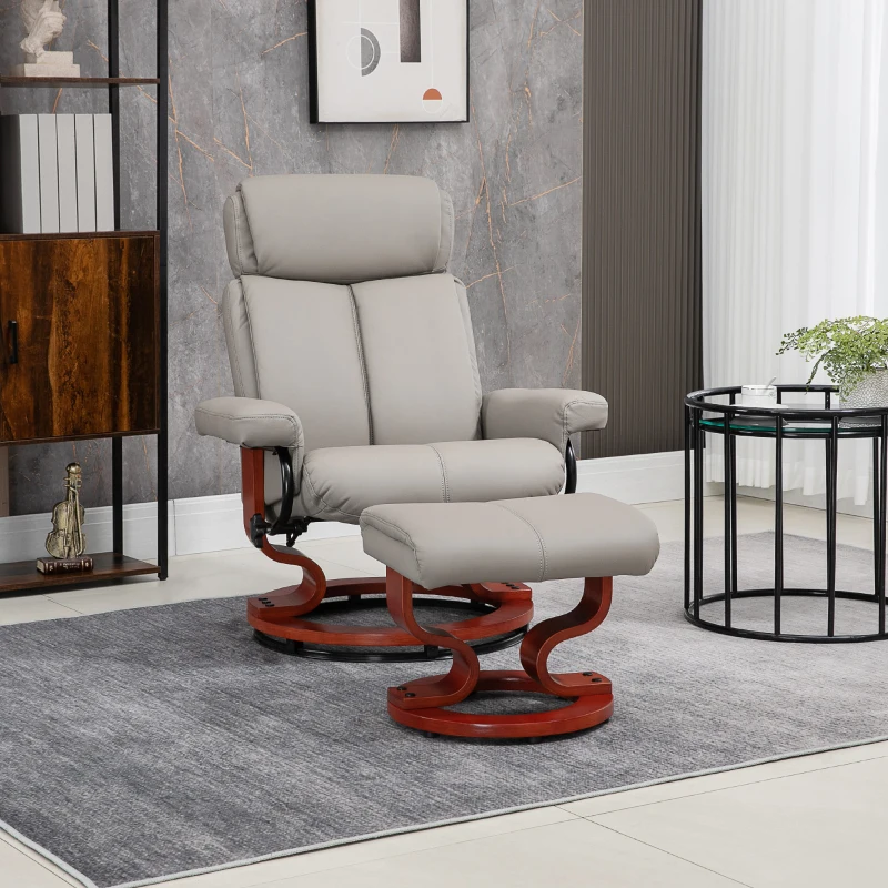 HOMCOM Recliner Chair with Ottoman, 360° Swivel Reclining Chair with Wood Base and Matching Footrest, Grey