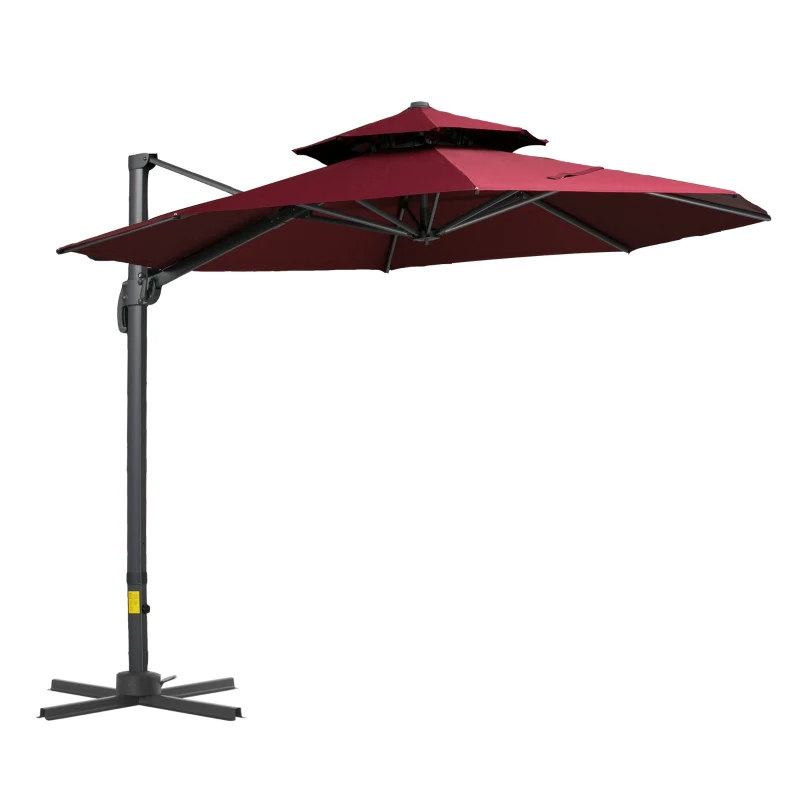 Outsunny 11ft Cantilever Patio Umbrella with Base, Double Top Hanging Aluminum Offset Umbrella with 360° Rotation, Easy Tilt, 8 Ribs, Crank, Cross Base for Backyard, Wine Red