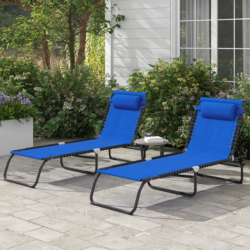 Outsunny 2 Folding Chaise Lounge Pool Chairs with 4-Position Reclining Back, Pillow, Breathable Mesh & Bungee Seat, Blue