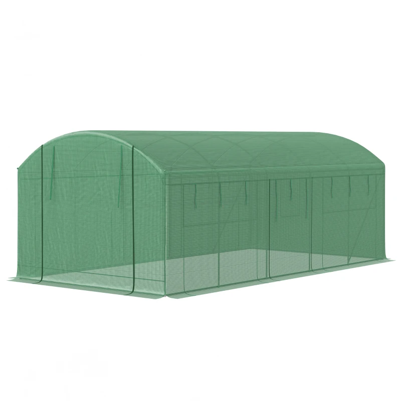 Outsunny 19.5' x 10' x 7.5' Walk-in Tunnel Greenhouse with 3 Roll-Up Doors and Large Mesh Windows, Outdoor Green House, Plant Hot House Tent with Galvanized Steel Frame, Green