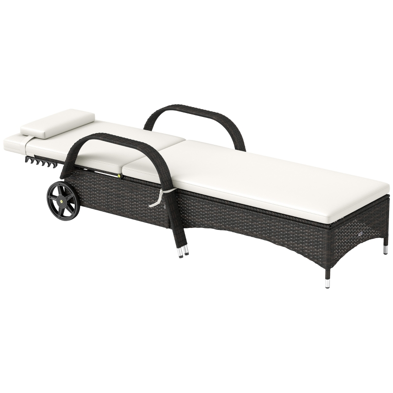 Outsunny Outdoor Chaise Lounge, 5-Level Adjustable Backrest Rattan Pool Lounge Chair with Wheels, Cushion & Headrest, Cream