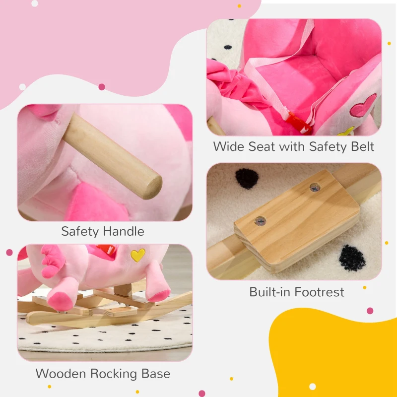 Qaba Baby Rocking Horse, Plush Animal Rocker for Toddlers Aged 18-36 Months, Stuffed Ride Toy with Sounds, Seat Belt, Pink