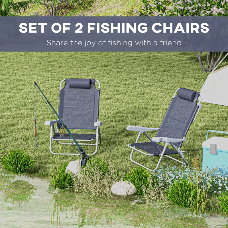 Outsunny Set of 2 Fishing Chairs, Camping Chairs with Adjustable Backrest and Headrest, Folding Chair for Outdoor, Dark Blue
