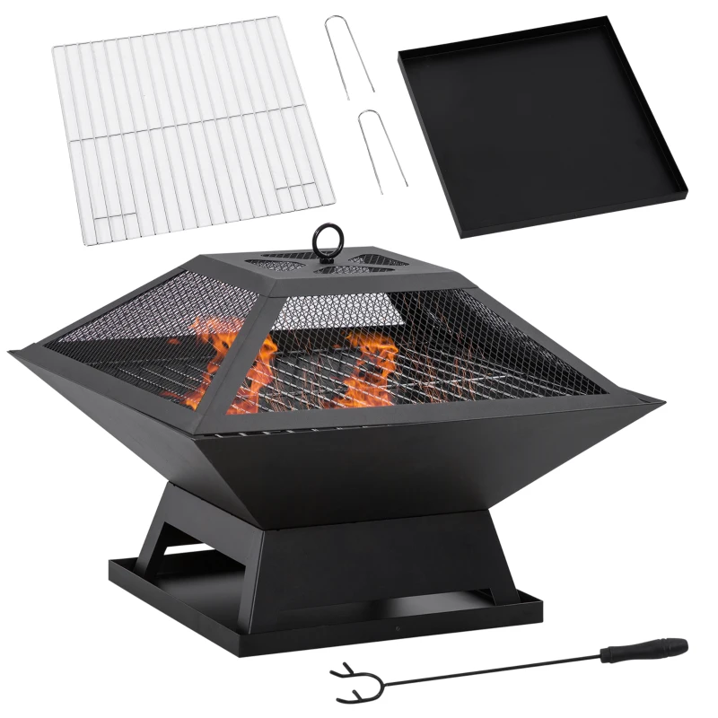 Outsunny Wood Burning Portable Fire Pit, Outdoor Firepit with Cooking BBQ Grill, Spark Screen, Poker for Backyard, Black