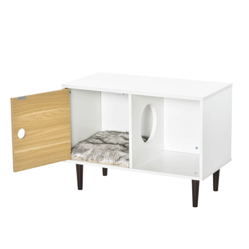 PawHut Wooden Cat House with Soft Cushion, Decorative Kitten Condo Side Table, Elevated Pet House with Storage Space