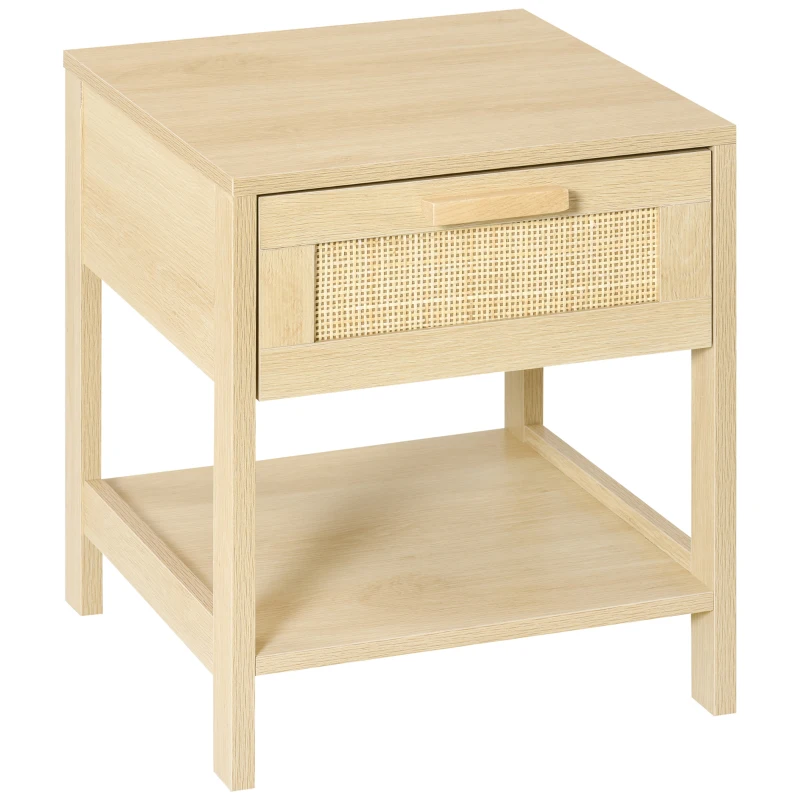 HOMCOM Narrow Nightstand with Rattan Elements, Bedside Table with Drawer and Storage Shelf for Bedroom, Natural