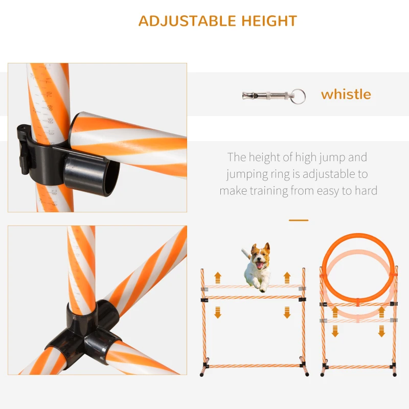 PawHut 4PC Portable Pet Agility Training Set Hurdle for Dog Obstacle Exercise with Adjustable Height Jump Ring High Jumper Weave Poles Square Pause Box Carry Bag Whistle Orange and White