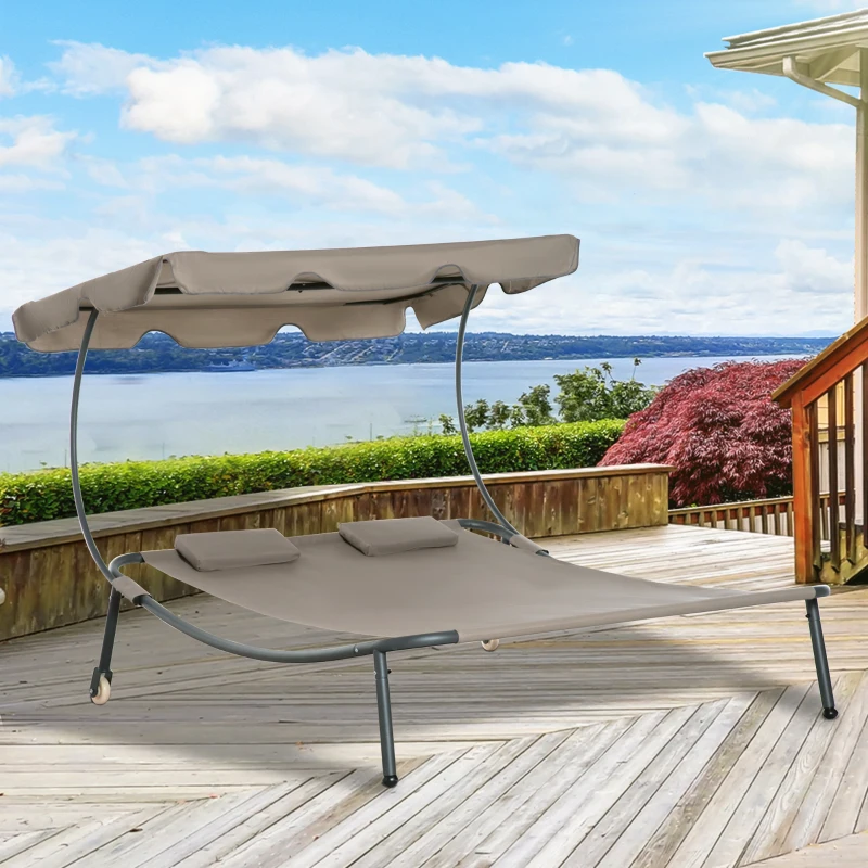 Outsunny Patio Double Chaise Lounge Chair, Outdoor Wheeled Hammock Daybed with Adjustable Canopy and Pillow for Sun Room, Garden, or Poolside, Brown