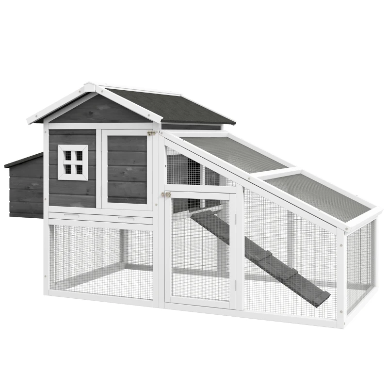PawHut 69" Wooden Chicken Coop with Run, Nesting Box, Tray, Grey