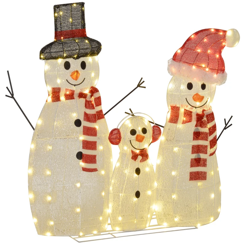 Outsunny 3-Piece Light Up Christmas Snowman Family Set of 3 Lighted Snowman Christmas Decoration for Indoor Outdoor White