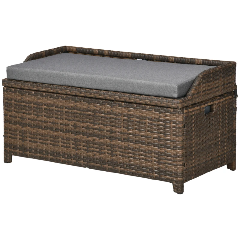 Outsunny 34 Gallon Outdoor Wicker Storage Bench Deck Box, PE Rattan Patio Furniture Pool Storage Bin Container with Interior Waterproof Cloth Bag and Comfortable Cushion, Gray