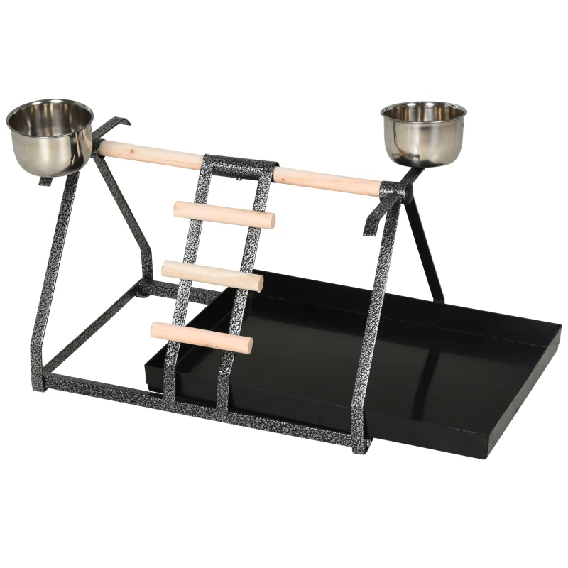 PawHut Portable Bird Play Perch Stand with Wooden Perch, Stainless Steel Feeding Bowls, & an Easy-Clean Tray, Black