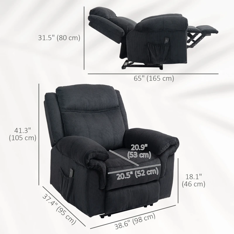 HOMCOM Manual Recliner Chair with Vibration Massage, Side Pockets, Corduroy Reclining Chair for Living Room, Black